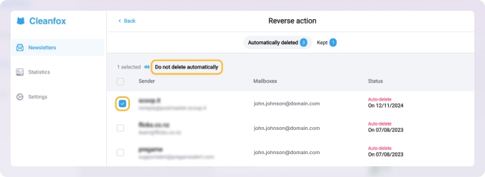 The Reverse action tab in Cleanfox
