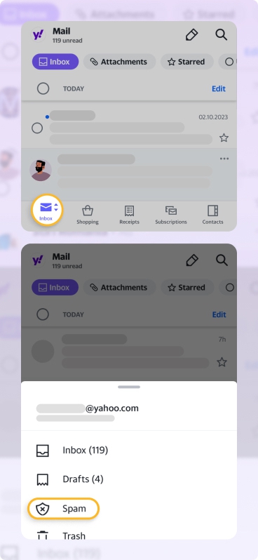 On the mobile app, tap the Inbox icon in the bottom left corner and select Spam