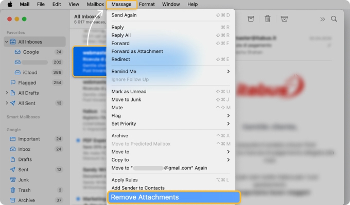 Select Message → Remove Attachments in the menu bar