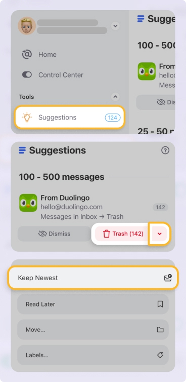 Delete Emails with Cleaning Suggestions in Clean Email