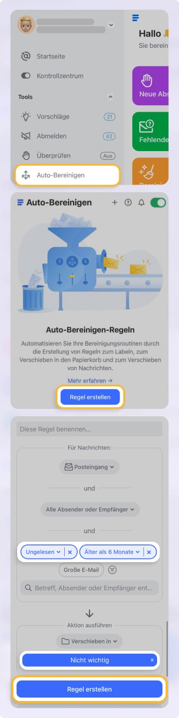 Regel in der mobilen App Clean Email erstellen