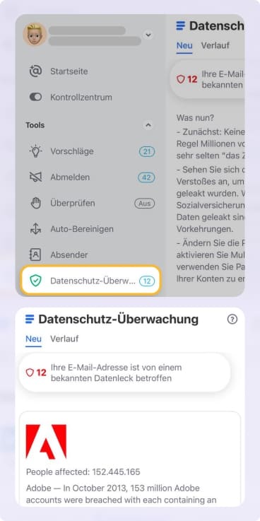 Datenschutzmonitorfunktion in Clean Email