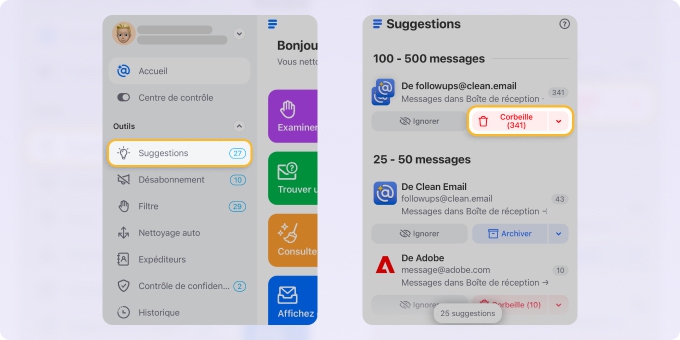 Suggestions de nettoyage la fonction intelligente de Clean Email