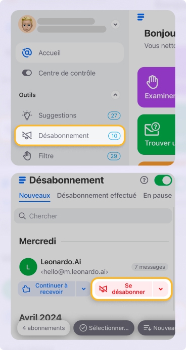 Fonctionnalité de désabonnement dans Clean Email