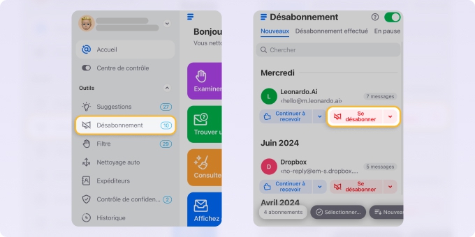 Fonctionnalité de désabonnement dans Clean Email