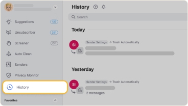 History feature in Clean Email