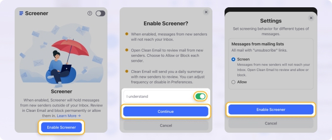 The Screener feature in Clean Email Mobile App