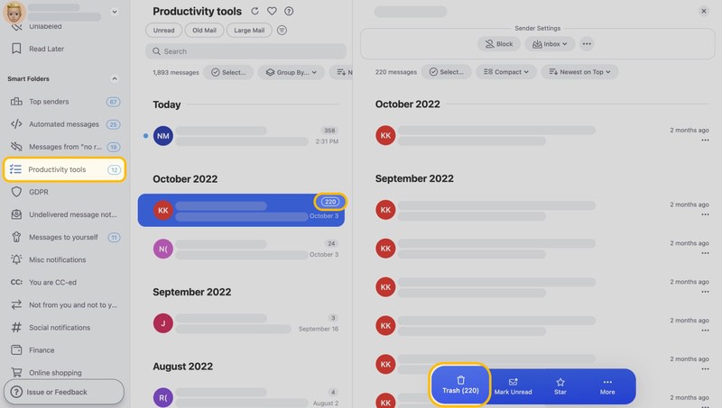 Click the necessary label, choose all emails from the unwelcome sender, and select an action like sending them to Trash